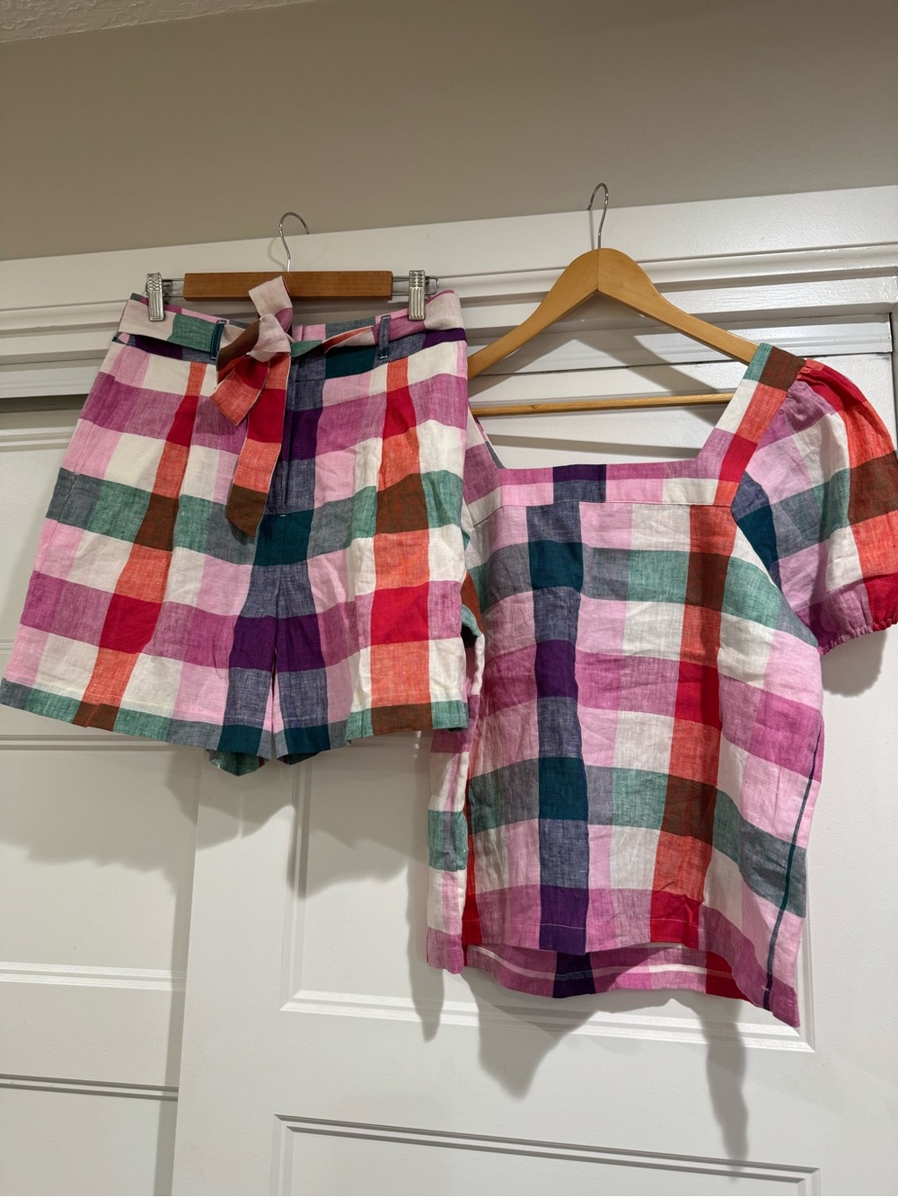 Boden Gingham Check Linen Square Neck Short Puff Sleeve Top - Picture 9 of 9
